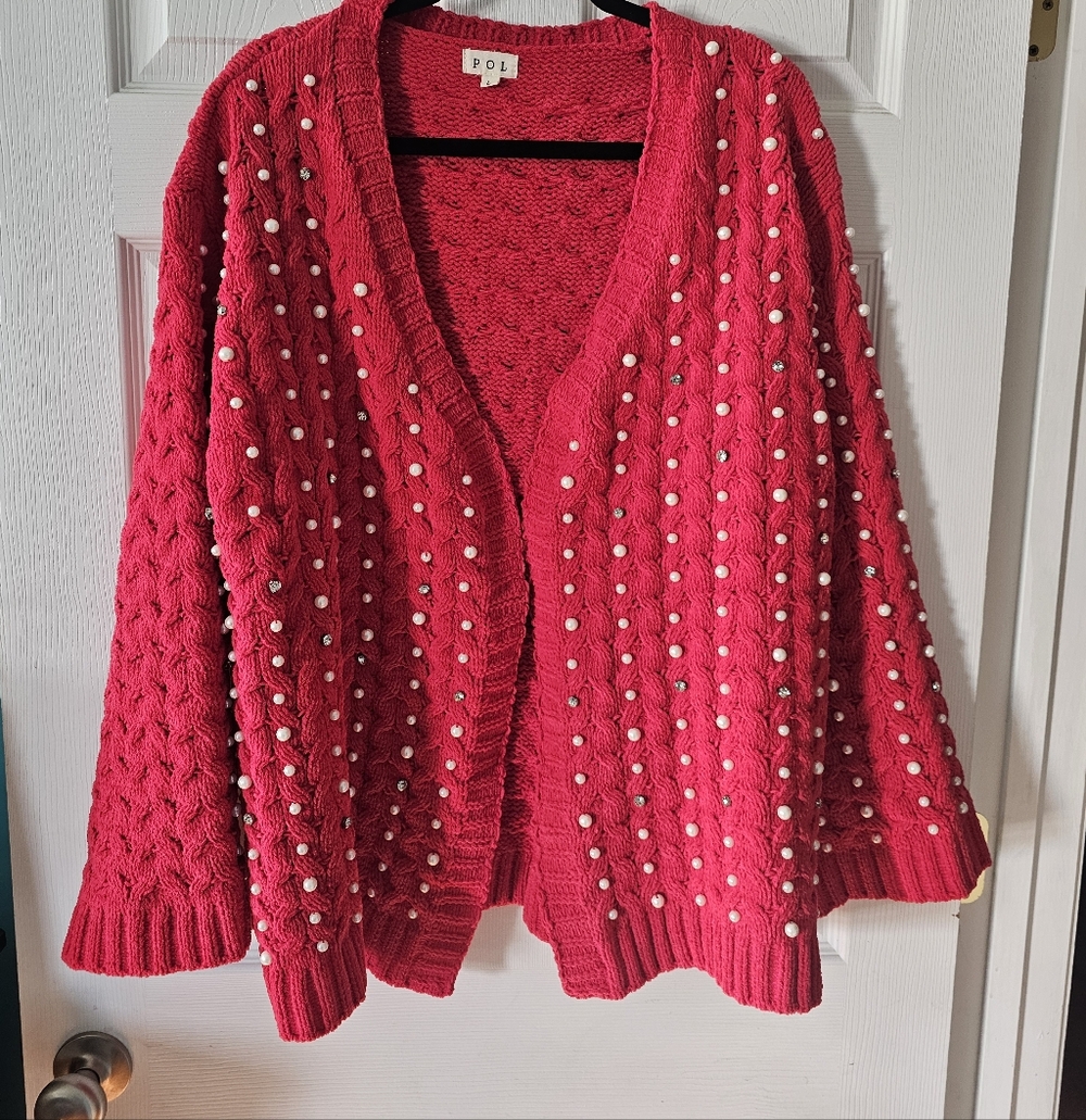 Pol Red Women's Sweater Size Large With Pearls and rhinestones